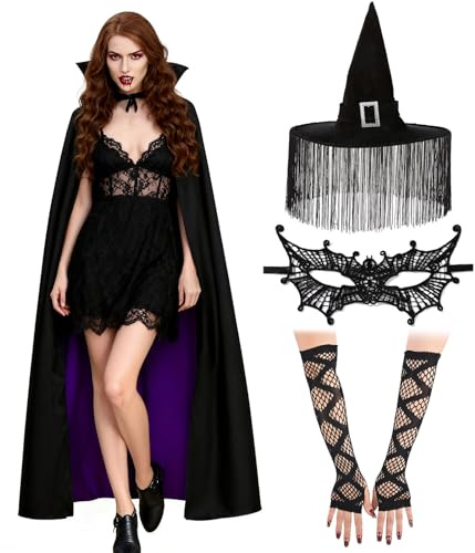 TAGVO Costume de Sorcière pour Femmes 4 Pièces, Costume d'Halloween avec Chapeau de Sorcier, Gants, Masque de Sorcière, 150cm Cape, Costumes de Vampires Pour Halloween Cosplay Carnaval Mascarade