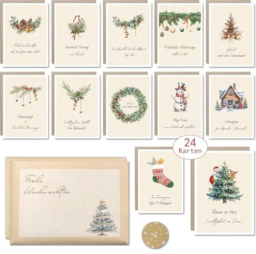 Szhhrxi 24 Stück Weihnachtskarten mit Umschlag & Sticker, A6 Postkarten Weihnachten (12 Motive), Lustige Frohe Weihnachten Karte mit Weihnachtsgrüße, 300g/m² Premium Papier Christmas Cards