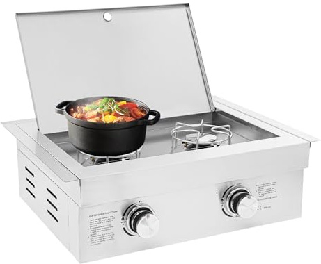2-Burner Stove for Outdoor Kitchen, Built-in Stainless Steel Side Burner with Removable Grates & Cover, Drop-In Gas Stove for BBQ Island, Patio, Backyard (Natural Gas, Double Burner)