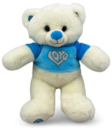 Landahl & Baumann Plüsch Teddybär 28 cm – Weiches Kuscheltier Teddy mit grünem Pullover, Flauschiger Stofftier Bär für Kinder & Erwachsene, Geschenkidee zum Kuscheln und Sammeln (Weiß, Blau)