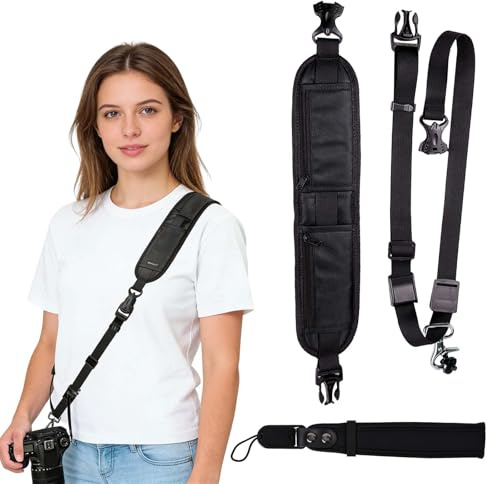 FooYee Kameragurt Set, Kamera Schultergurt Verstellbarer und Kamera Handschlaufe Kompatibel mit Nikon, Canon, Sony, Olympus, Fuji DSLR SLR Kameras, Schnellverschluss und Sicherheitsleine