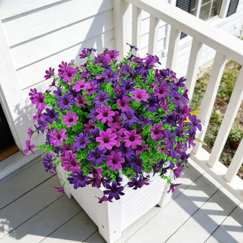 YILIUFA 12 Bundles Daisy Artificial Flowers for Outdoors UV Resistant Lifelike Fake Silk Flower Plants for Home Outside Porch Front Door Garden Indoor Table Vase Decor (Double Purple)