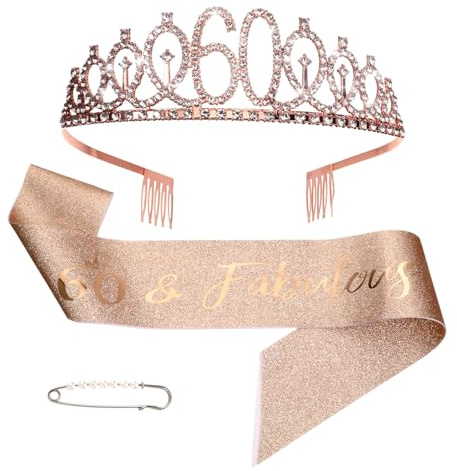 60 Geburtstag Frauen Deko Schärpe und Tiara, Geburtstag Schärpe und Geburtstagskrone, Roségoldener Geburtstagsgürtel & Tiara-Krone, 60-geburtstag Frauen, Geschenke für Frauen-Geburtstag-Deko