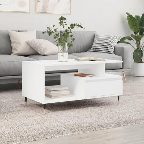 LoogCape Table basse blanche 90 x 49 x 45 cm en bois dérivé du bois et pieds en métal, avec tiroir, pour salon, surface facile d'entretien