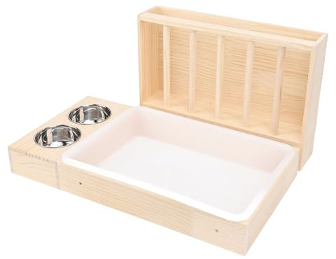Jelquix Mangeoire à Foin pour Lapin avec Bac à Litière, Distributeur de Foin en Bois Plus Large, Plus Grande capacité, 2 Bols en Acier Inoxydable pour Chinchillas, Hamsters