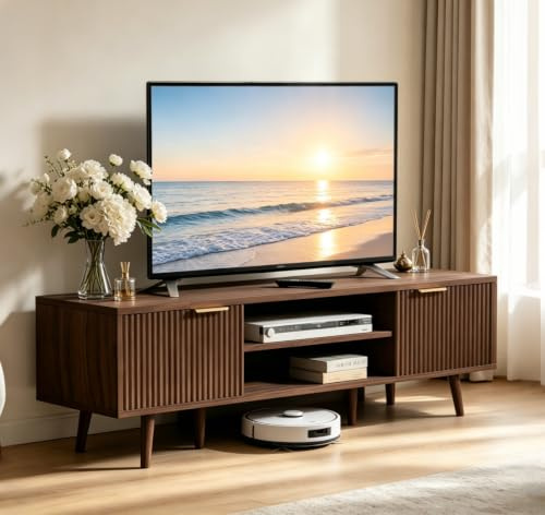 YLGJ&TIDY 140 CM TV Cabinet, Wooden TV Stand with Storage, TV Unit Walnut | TV Console with 2 Open Shelves & 2 Doors, Solid Wood Board & 6 Leg Support, for 60 inches TVs, TV Cabinets for Living Room