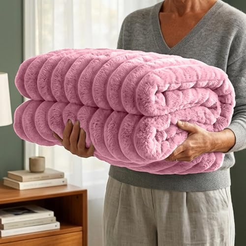 Casabella Throw Blanket - Ribbed Fleece Blanket - Soft Fluffy, Warm & Cosy Sofa Throw - Large Fleece Blanket for Sofa Bed, Couch, Bedding - King Size 200x240 - Blush Pink