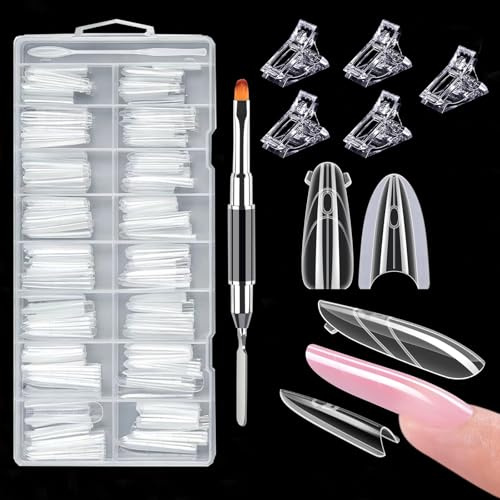 WROYGVY sandwich Dual Nail Forms Set,256 Stücke nail tips mit 5 clips und 1 Nagelpinsel, nagelverlängerung für Polygel UV Gel,Wiederverwendbare Klar nagel tips set für Salon & DIY (16 Größen Mandel)