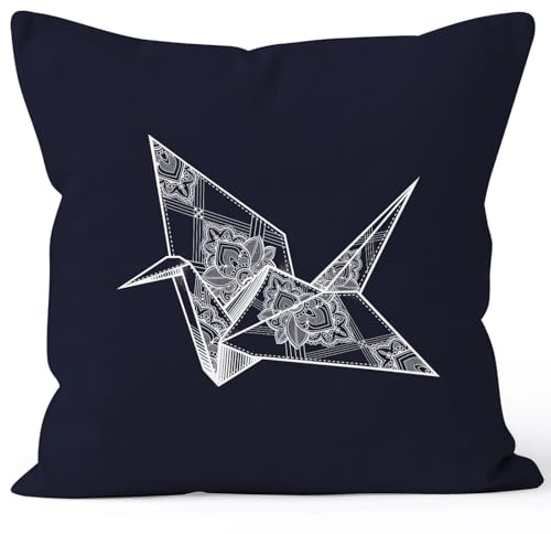 Autiga Kissenbezug Origami Kranich Crane Vogel Bird Ornamente Boho Polygon Paisley Kissen-Hülle Deko-Kissen 40x40 Baumwolle Navy 40cm x 40cm