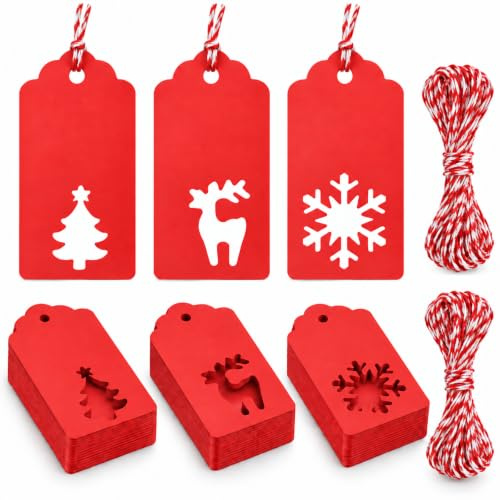G2PLUS 150 Stück Rot Weihnachten Geschenkanhänger mit Rot Schnur, 5x10cm | Ausstanzung in Schneeflocke, Rentiere und Tannenbäume, Groß Kraftpapier Weihnachten Etiketten zum Beschriften, Geschenk Deko