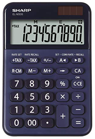 SHARP EL-M335 Taschenrechner, blau | 10-stellig, angewinkeltes Display, Solar- und Batteriebetrieb, Steuer- und Währungsrechnung – für Büro & Homeoffice
