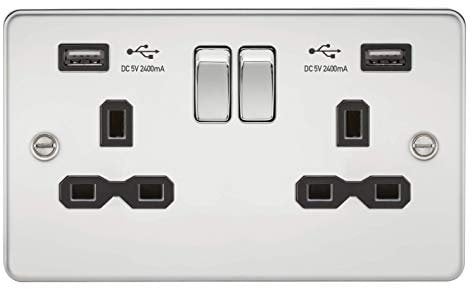 13A 2G Switched Socket with Dual USB Charger A + A (2.4A) - Polished Chrome with Black Insert