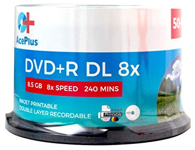 AcePlus DVD+R Dual Layer White Inkjet Hub bedruckbare Discs mit 8X Aufnahmegeschwindigkeit und 8,5 GBS Speicher in Cakebox Spindel
