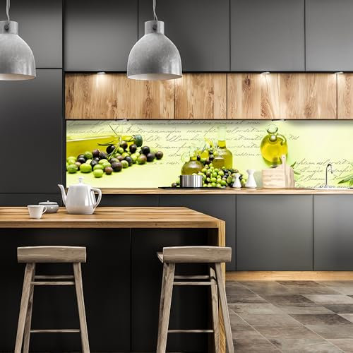 wandmotiv24 Küchenrückwand Oliven Öl Schrift Grün Flasche Glas 260 x 50cm (B x H) - Acrylglas 3mm Nischenrückwand, Spritzschutz, Fliesenspiegel-Ersatz, Deko Küche Karaffe M1157