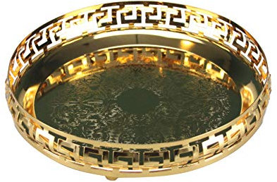 Gold Serving Tray Round Decorative Mirror Polished Paandan Tray Plated Engraved Tray Centrepiece Tealight Candles Plate Tea Fruit Platter Snacks Cupcake Drinks Serving Tray 23cm (Style 2 - Gold)