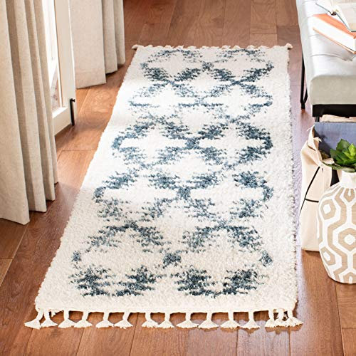 SAFAVIEH Zottelig Teppich für Wohnzimmer, Esszimmer, Schlafzimmer - Berber Fringe Shag Collection, Kurzer Flor, Creme und Blau, 99 X 160 cm
