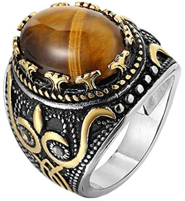 HIJONES Herren Jahrgang Luxus Oval Tigerauge Stein Ring aus Edelstahl Gotisch Geschnitzt Muster Silber Gold Größe 68