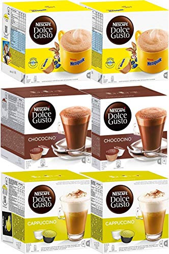 Capsules Nescafé Dolce Gusto • Pack Familial Multi-Boissons en qualité professionnelle (Chocolat • Pack Nesquik + Chococino + Cappuccino, Lot de 6 x 16 capsules)