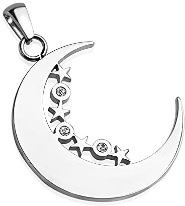 Treuheld® Silberner Ketten-Anhänger Mond, Sternen und Kristallen