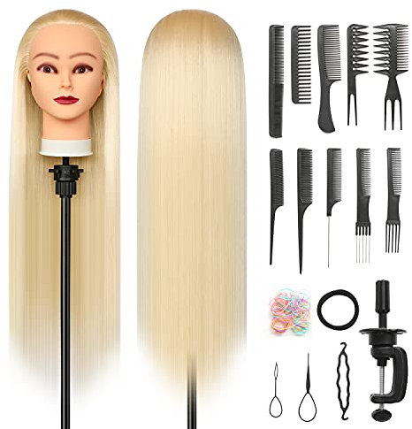 Trainingsköpfe, 28 inch Übungskopf Frisierkopf Friseur 100% Synthetikfaser-Haar Styling Kopf Frisierkopf für Frisöre mit kostenloser Klemme und DIY Flechtset(Blond)