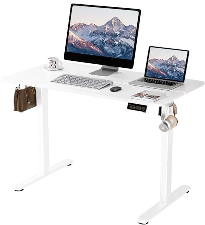 ERGOMAKER Elektrischer Höhenverstellbarer Schreibtisch 110x60cm (43.3x23.6), Höhenverstellbarer Tisch mit Spleißplatte (Weißes Gestell + Weiße Tischplatte)