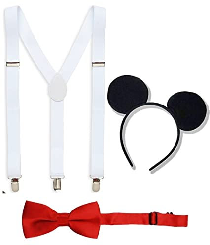 Dreamzfit - Adult Unisex Mickey Mouse Fancy Dress Costume Kit - BLACK EAR HEADBAND + RED BOWTIE + WHITE BRACES ~ Men's Women's World Book Week Hen/Stag Night Carnival Cosplay Party Accessory