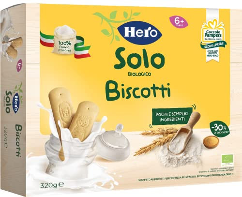 Hero Solo Biscottini Solubili, 100% Biologico, Biscotti senza zuccheri aggiunti e senza olio di palma, dai 6 mesi in su - Cartone 320 g