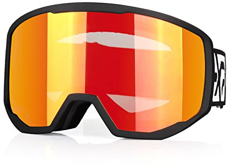 EXP VISION Skibrille für Damen und Herren, Snowboard Brille Schneebrille OTG 100% UV-Schutz Skibrille für brillenträger, Anti-Nebel Snowboard Brille Ski Goggles (Schwarzer Rahmen Rot)