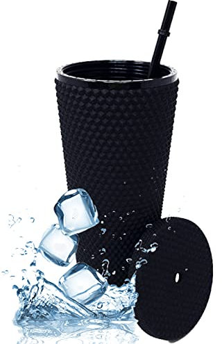 Nadia's Little Treasures Studded Tumbler Straw Lid - Plastic Double Walled Cold Cup for iced Coffee, Water, Slush or Smoothies, Your Home Cinema Cup (Matte Black 24OZ / 700ml)