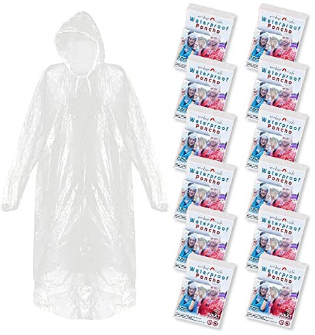 Ember Rock Regenponcho Einweg 12er Set - Notfallponcho Einmalregencape Transparent mit Tunnelzug Kapuze & Elastische Ärmel - Damen & Herren Einheitsgröße