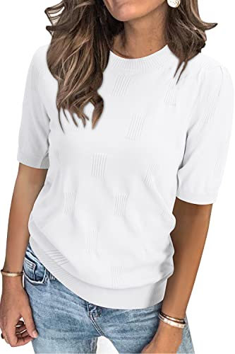 Arach&Cloz Pullover Damen Kurzarm Sommer Frühjahr Strickpullover Elegant Rundhals Weiß Sweatshirt Tops Oberteile Pulli (L)