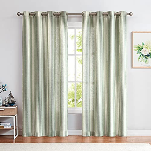 Vangao Leinen Gardinen Grün Streifen Muster Blickdicht Ösenschal Vorhange mit Ösen Modern Leinenoptik Nadelstreifen Vorhänge Wohnzimmer Privarsphäre Gardine Blickdicht Ösenschals 2 Stück 130x225cm