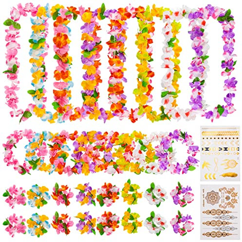 Dreamtop 32 Stück Hawaii Kette Blumen Set Hawaii Blumen Halsketten Blumen Armband Stirnband mit 2 Stück Klebetattoos Hawaii Tätowierung für Tropische Hawaiian Luau Beach Party Dekoration