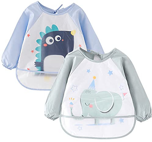 Lvjkes lätzchen mit ärmeln, ärmellätzchen baby, 2 Pack wasserdichte Baby-Lätzchen mit langen Ärmeln und einer Tasche zum Auffangen von Lebensmitteln für Kleinkinder von 2-4 Jahren, blau und grün