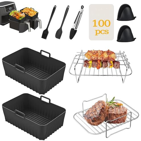 Air Fryer Accessories Ninja Set of 10 Including Silicone Air Fryer Liner & Dual Air Fryer Racks & 100Pcs Paper Lining & Silicone Gloves for Ninja Dual AF300UK AF400UK