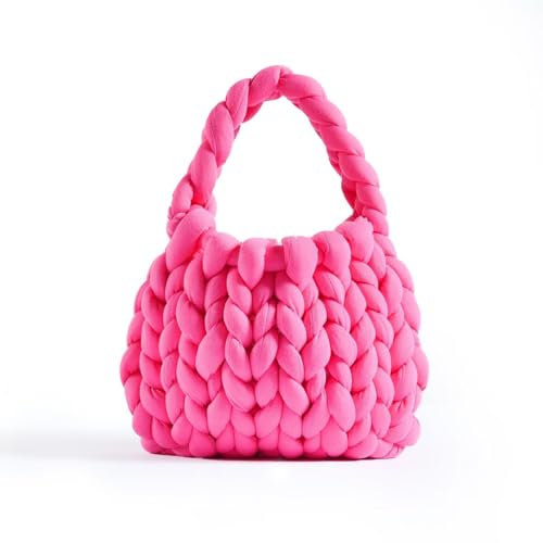 Kcvvcr Damen Handgewebte Tragetaschen, Chunky Garn gewebte Umhängetasche, DIY Knoten Tasche Eimer Tasche, Casual Griff Tasche Geflochtene Geldbörse, Knallpink (Hot Pink)