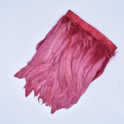 Cinta de 2 metros de plumas de gallo de colores artificiales de oro blanco para manualidades, decoración para ropa, costura, vino tinto, 30-35 cm