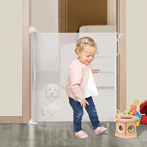 Retractable Stair Gate for Baby and Dogs,Dog Gate with Safety Lock,Extra Wide Baby Safety Gate for Large Opening Extra Large Pet Gates for Dogs Cats (White, 140x83cm)