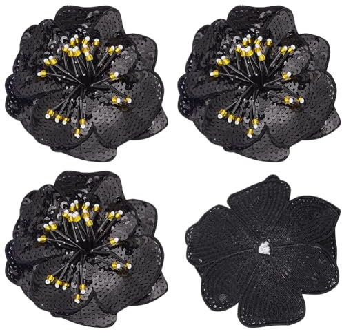 BENECREAT 4 Stück 3D-Blumen-Pailletten-Perlen-Patch, 11x10cm Große DIY-Applikation Mit Blumenmotiven Für Kleidung, Brosche Zum Aufnähen, Gestickte Patch-Applikation, Schwarz