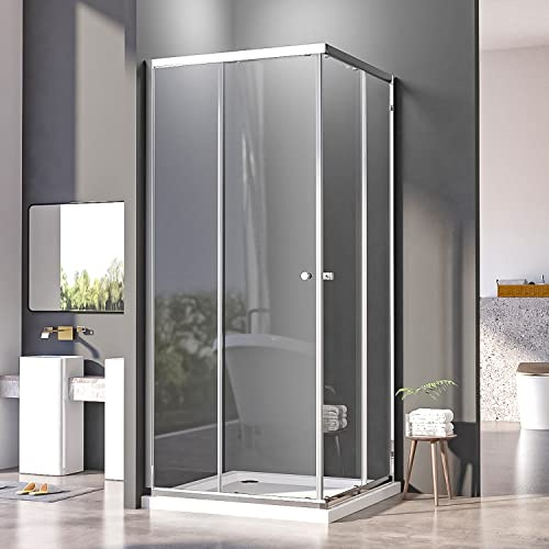Duschkabine 80x100cm Eckeinstieg mit Schiebetüren,Doppel Schiebetür Duschabtrennung 6mm ESG Glas Duschabtrennung Silber,Über Einer Duschwanne Oder Fliesen Montiert,Höhe 185cm(Ohne Duschtasse)