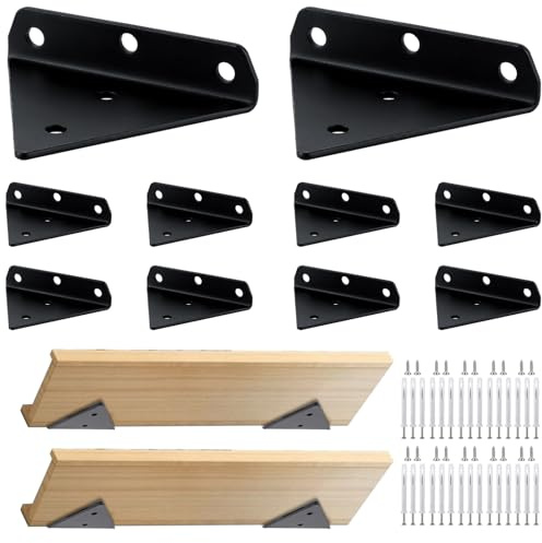 YAYODS Lot de 10 Supports d'Étagère Invisibles, Équerre de Fixation Murale en Acier Noir 10x8cm, Support Étagère Flottante Charge Lourde avec Vis pour Rangement Cuisine, Salon et Bibliothèque DIY