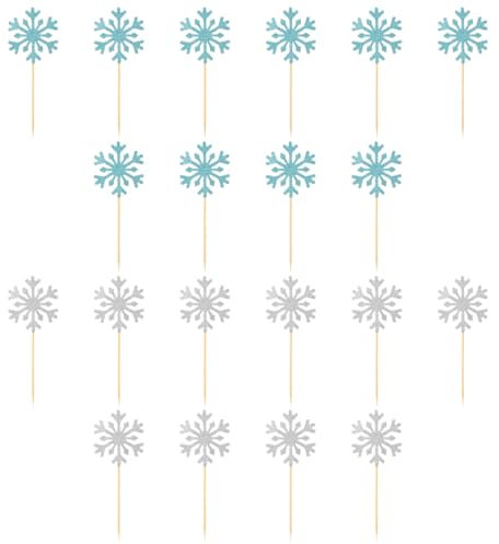 Snowflake Cupcake Toppers - GLADFRESIT - 20 Pcs Frozen Cupcake Toppers Frozen Cupcake Topper Toothpicks Winter Wonderland Cake Decorations for Birthday Party Christmas Wedding Party (Blue & Silver)