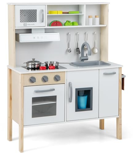 GOPLUS Kinderküche Holz, Kinderspielküche mit Mikrowelle, Spüle, Wasserhahn, Gasherde, Abzugshaube, Eismaschine & Backofen, Spielzeugküche Holzküche für Kinder ab 3 Jahren (Weiß)