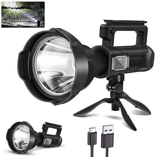 Foco recargable, focos LED de alto lúmenes, para exteriores, súper brillante, potente linterna de largo alcance con 4 modos, trípode, USB C, IPX5 impermeable para pesca, barco, camping