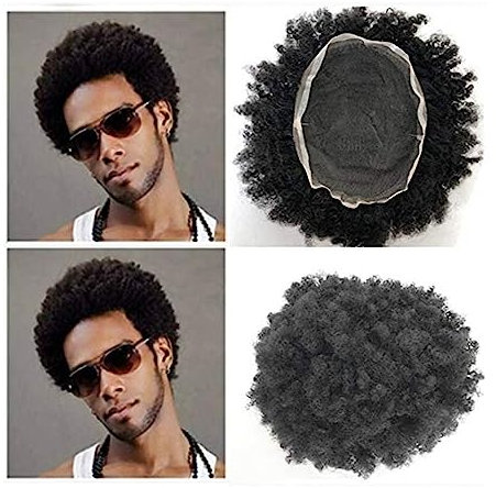 Haar-Toupet für Männer, volle Spitze, Herren-Toupet, Afro-Lockenhaar, Systemeinheiten, atmungsaktiv, männliche Haarprothese, lockiges Echthaar, 1B-Farbe, Afro-Curl-Toupet für schwarze Männer, Herre
