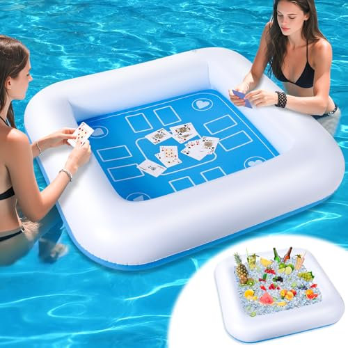 Lot de 2 cartes à jouer imperméables et table flottante, jouets de piscine pour adultes pour piscine hors sol, lac et plage, bleu/blanc (90 x 90 cm)