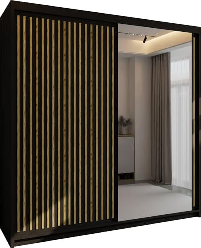 MN Furniture Roni Wide Wardrobe with Hanging Rails, Shelves and Drawers, Freestanding Closet Cabinet and Wardrobe with Sliding Mirror Doors for Bedroom (Black, 150cm)