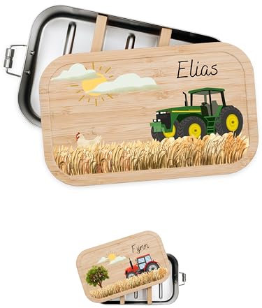 Bärenfreunde® - Personalisierte Brotdose für Kinder mit Spezial-Druck - Robuste Edelstahl Brotdose - Personalisierte Geschenke für Kinder & Erwachsene (Traktor grün,klein Weißblech)