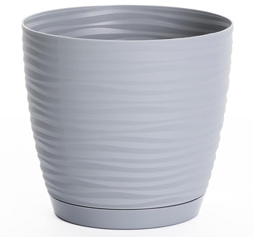 Home Garden Ornaments Wave Plant Pots Indoor – Indoor Plant Pot with 3D Effect, Drainage Holes, and Integrated Saucer, Plastic Flower Pots (Diameter: 19cm, Colour: Grey)
