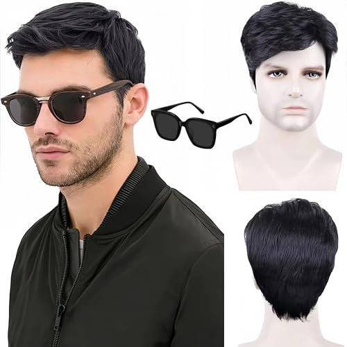SDXCJY Mens Short Wig Black Short Black Mens Wig Costume for Men 70s 80s Disco Curly Fluffy Cosplay hair,boys Wigs for Daily Use Straight hair Halloween Handsome (black)